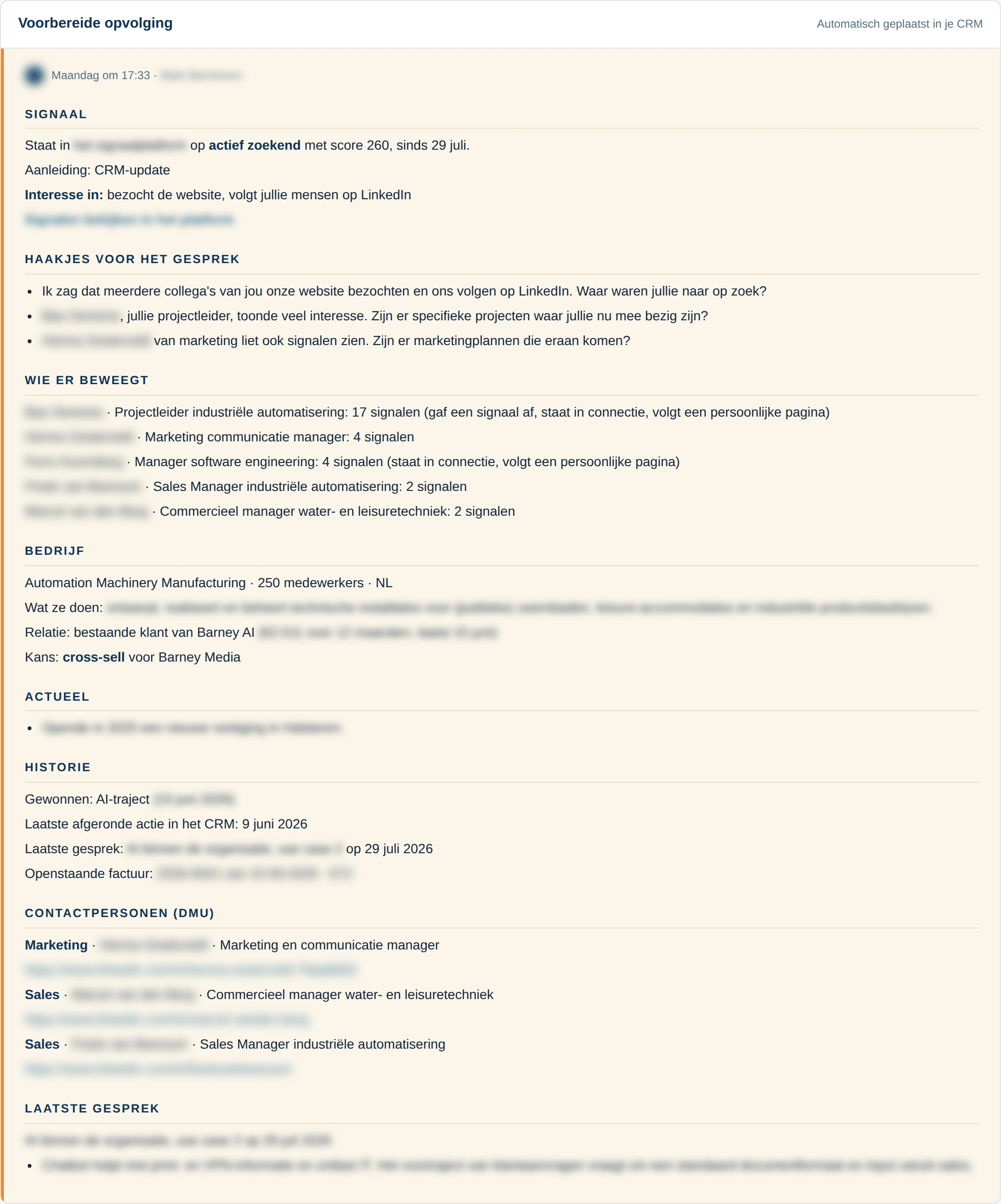 Notitie in het CRM met de voorbereide opvolging voor een deal